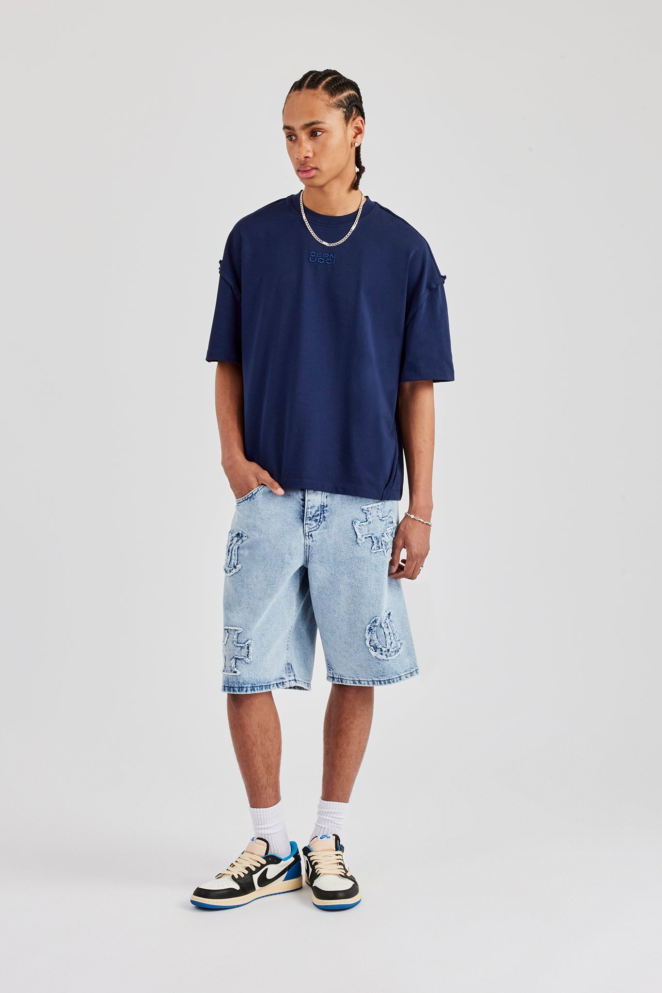 Raw Edge Applique Denim Bermuda Short - Light Blue