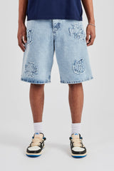 Raw Edge Applique Denim Bermuda Short - Light Blue