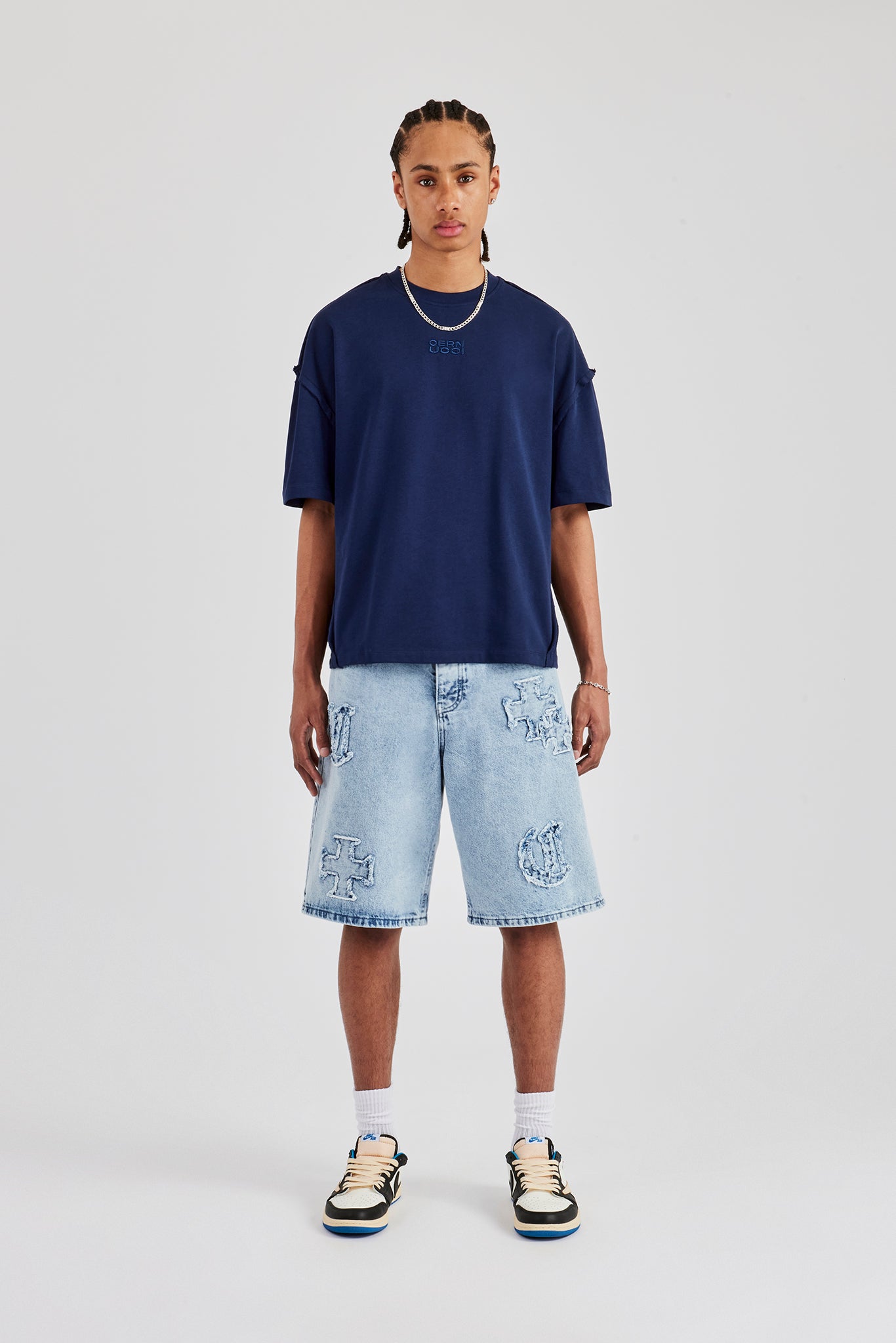 Raw Edge Applique Denim Bermuda Short - Light Blue