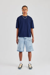 Raw Edge Applique Denim Bermuda Short - Light Blue