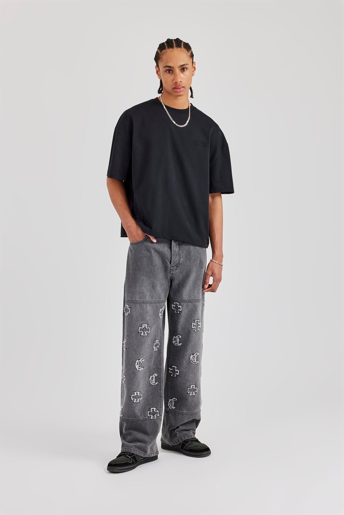 Applique Motif Baggy Fit Jean - Washed Grey