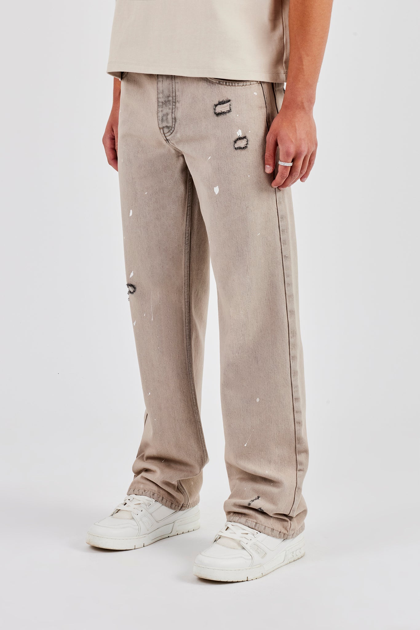 Relaxed Paint Splatter Jean - Washed Stone