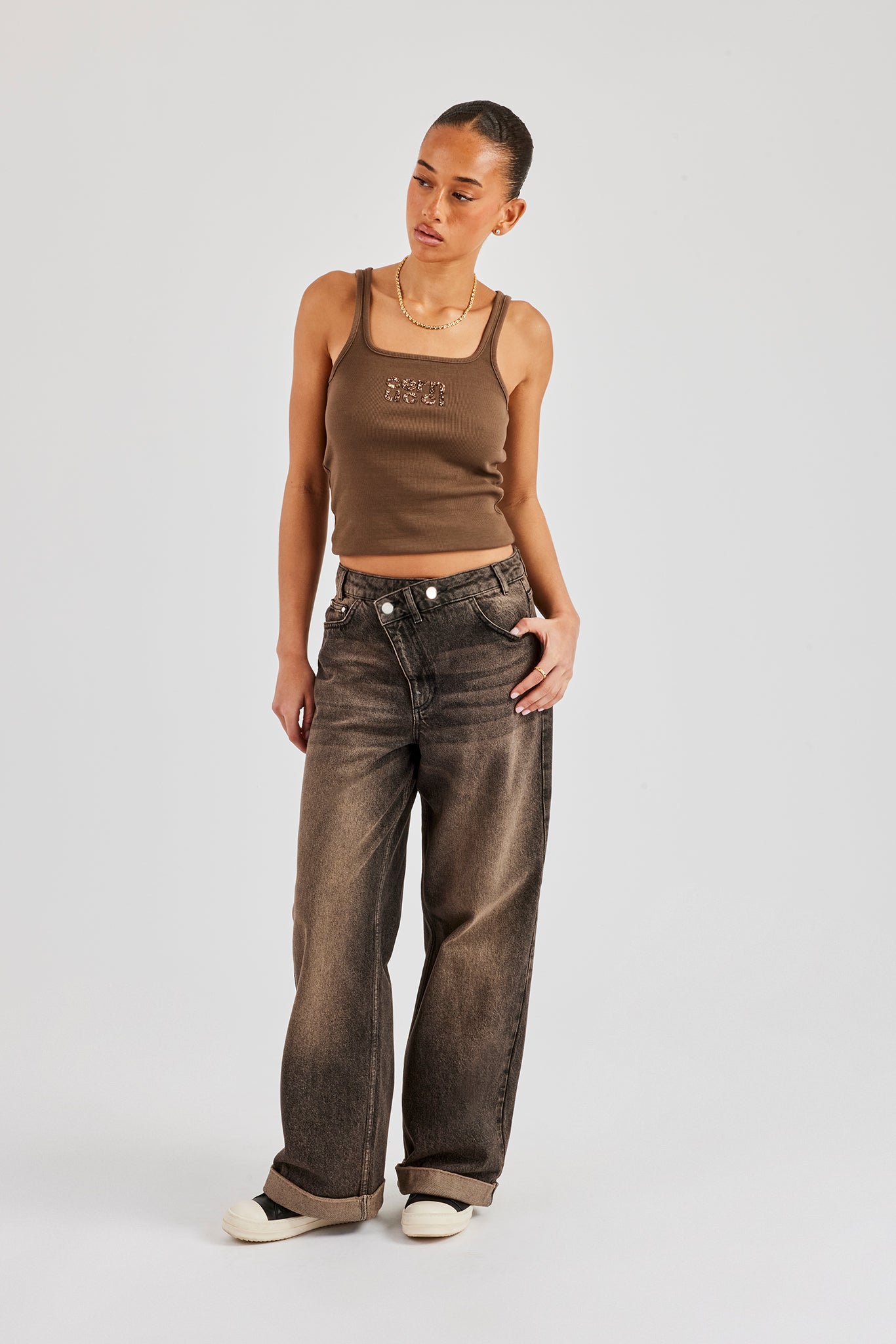Baggy Denim Waistband Detail Jean - Brown