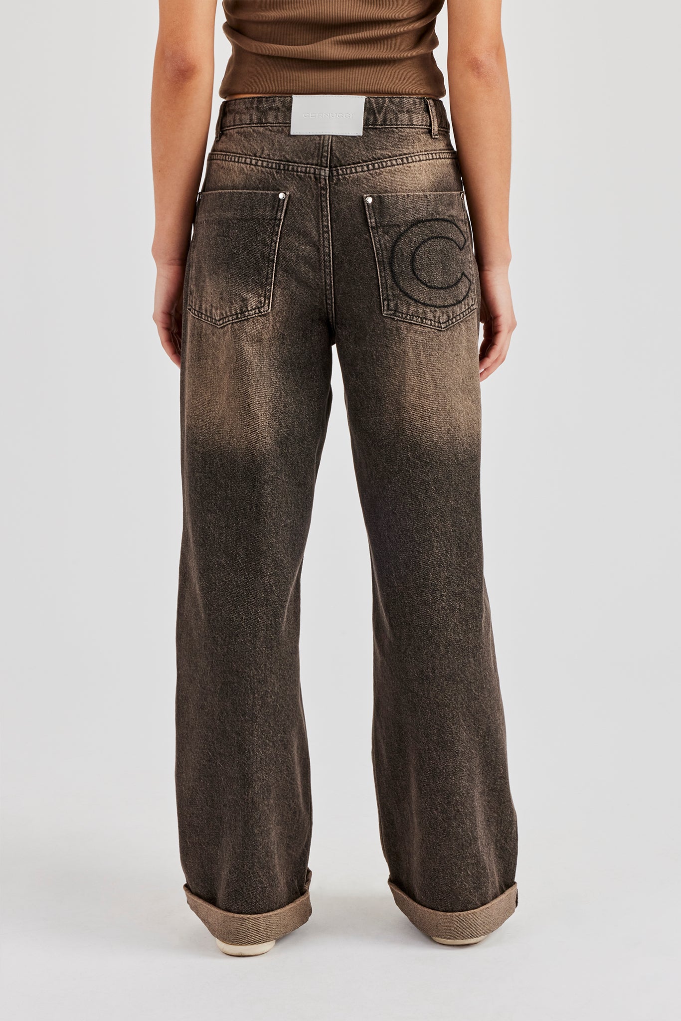 Baggy Denim Waistband Detail Jean - Brown