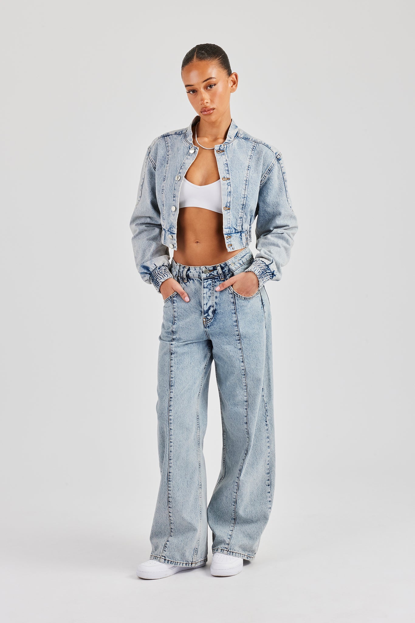 Denim Bomber Jacket & Baggy Waist Button Jean - Light Vintage