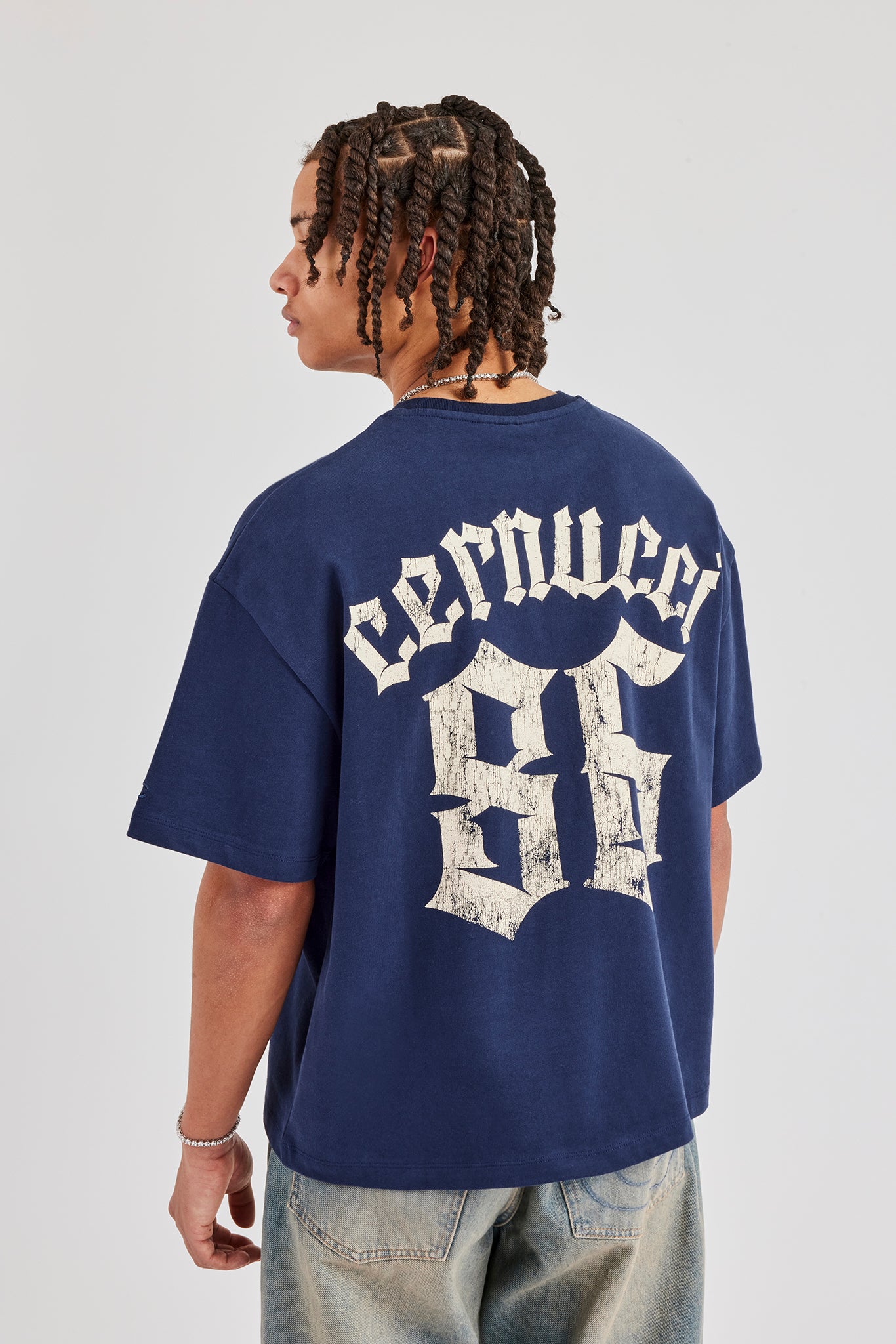 86 Boxy T-Shirt mit Rückendruck - Marineblau