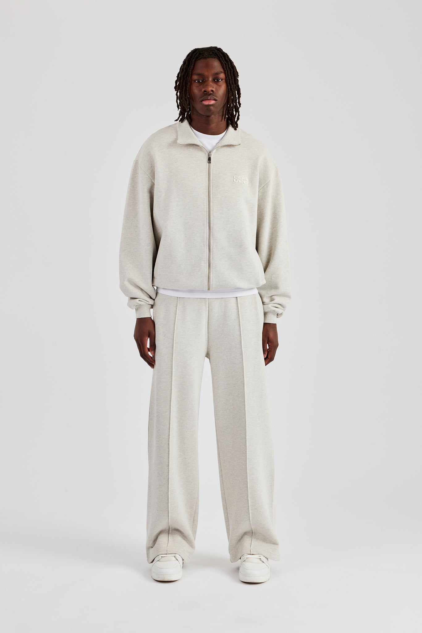 Jerseyjacke mit Trichterhalsausschnitt und Hose mit geradem Bein – Aschgrau