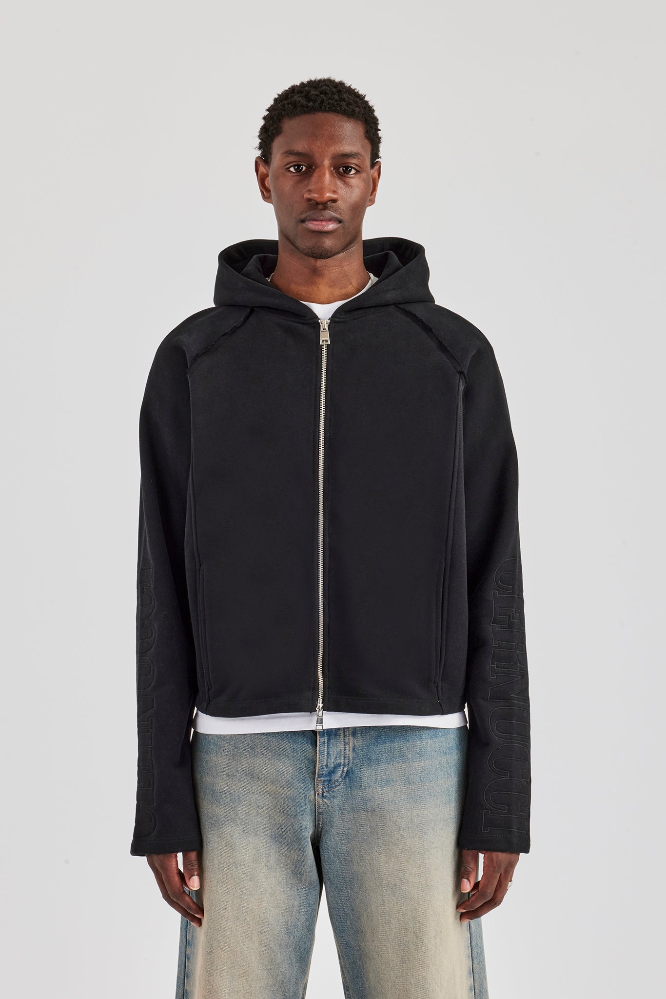 Boxy Raglan-Pullover mit durchgehendem Reißverschluss und Stickerei - Schwarz