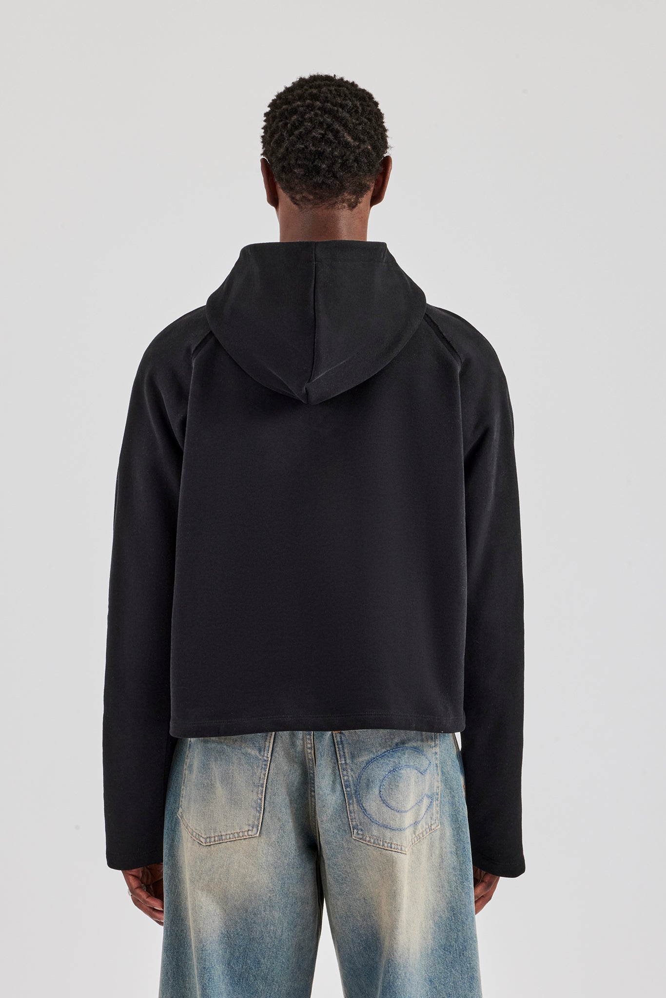 Boxy Raglan Embroidered Zip Through - Black