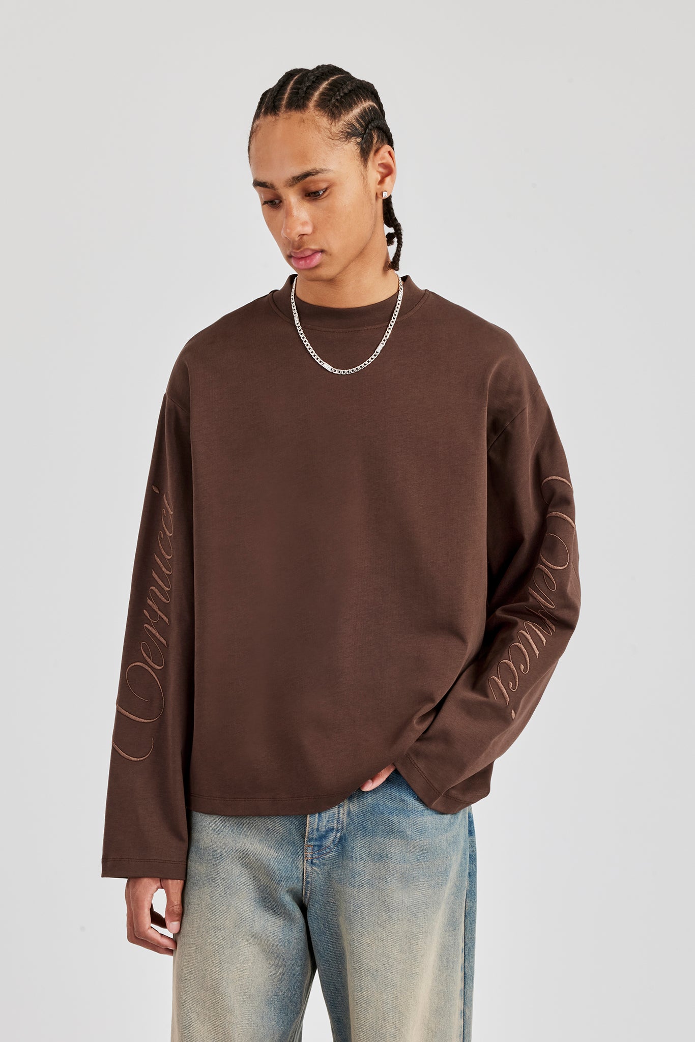 Embroidered Long Sleeve T-Shirt - Chocolate | Mens Tees & Vests