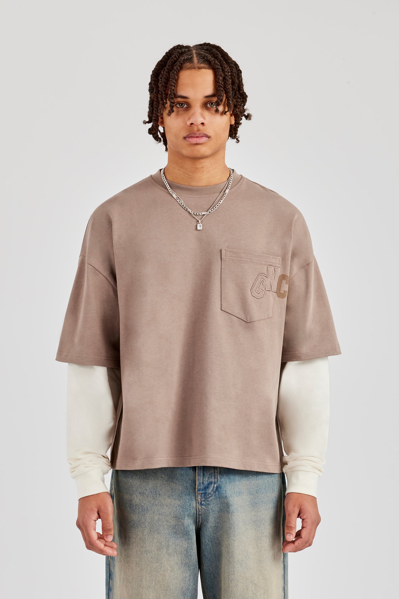 Layered Applique Long Sleeve T-Shirt - Washed Taupe | Mens Tees