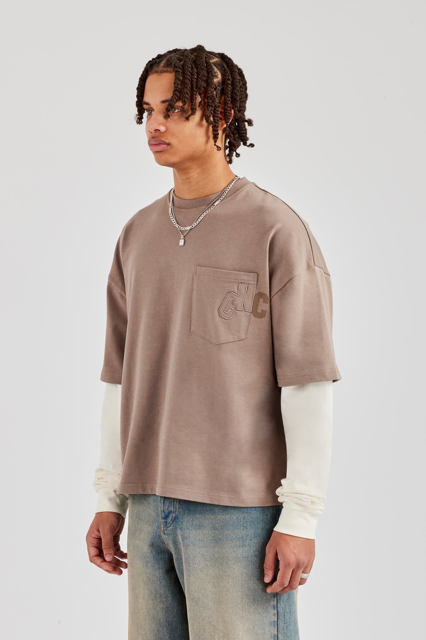 Layered Applique Long Sleeve T-Shirt - Washed Taupe | Mens Tees