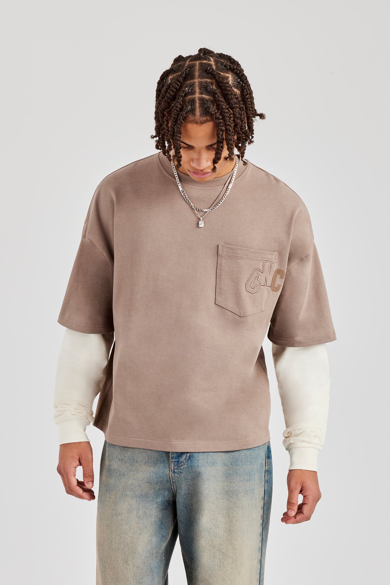 Layered Applique Long Sleeve T-Shirt - Washed Taupe | Mens Tees