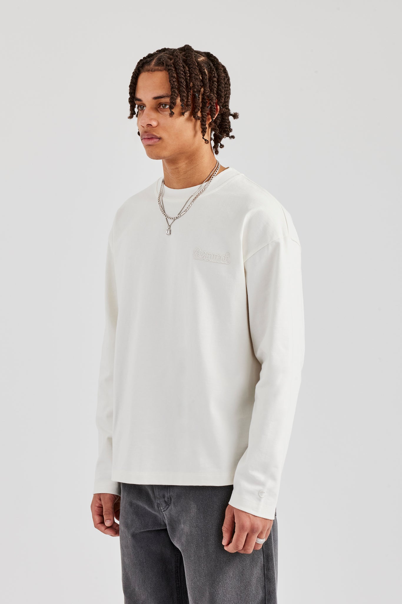 Washed Cernucci Long Sleeve T-Shirt - Off White