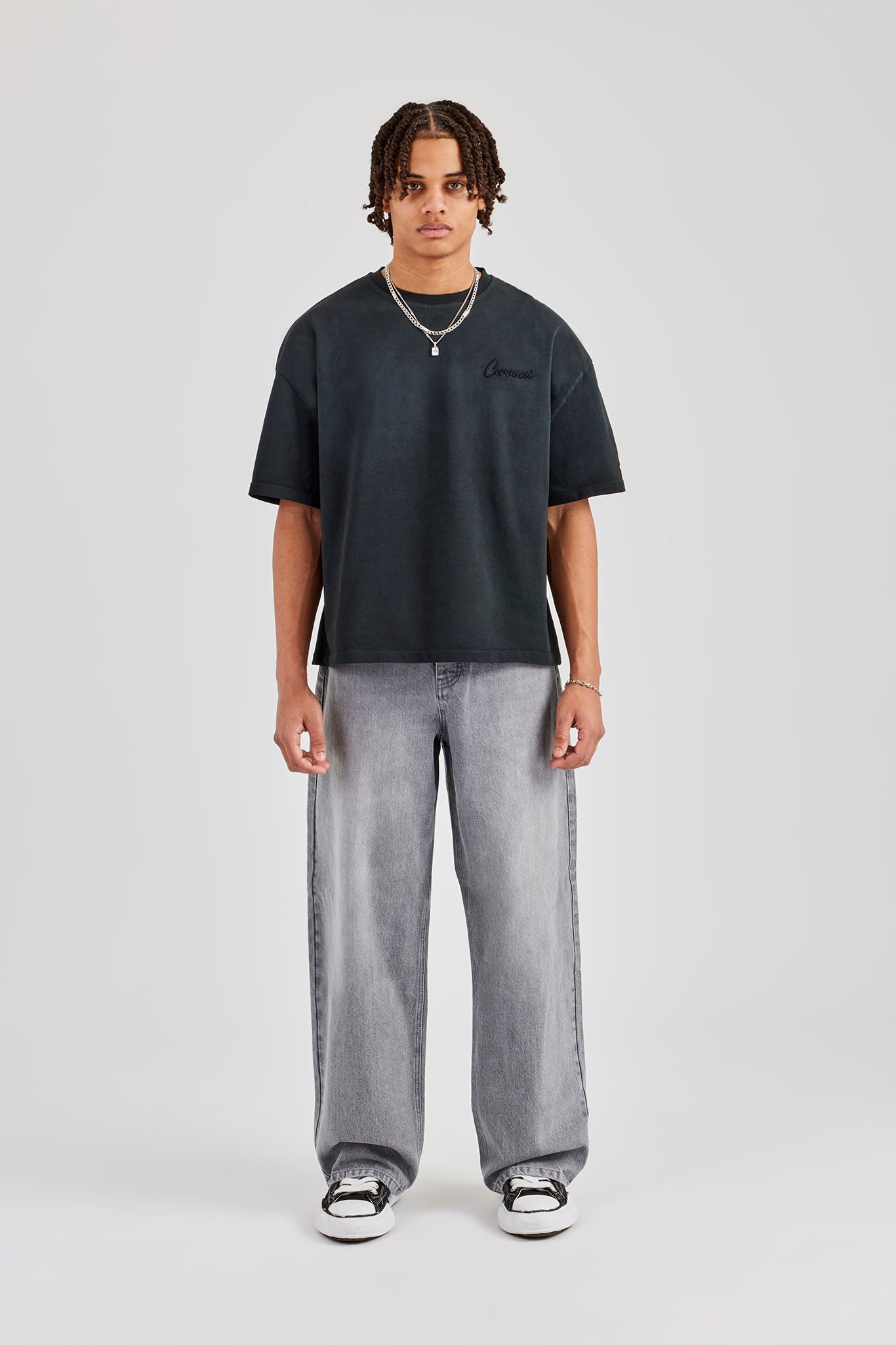 Washed Script Short Sleeve Boxy T-Shirt - Black