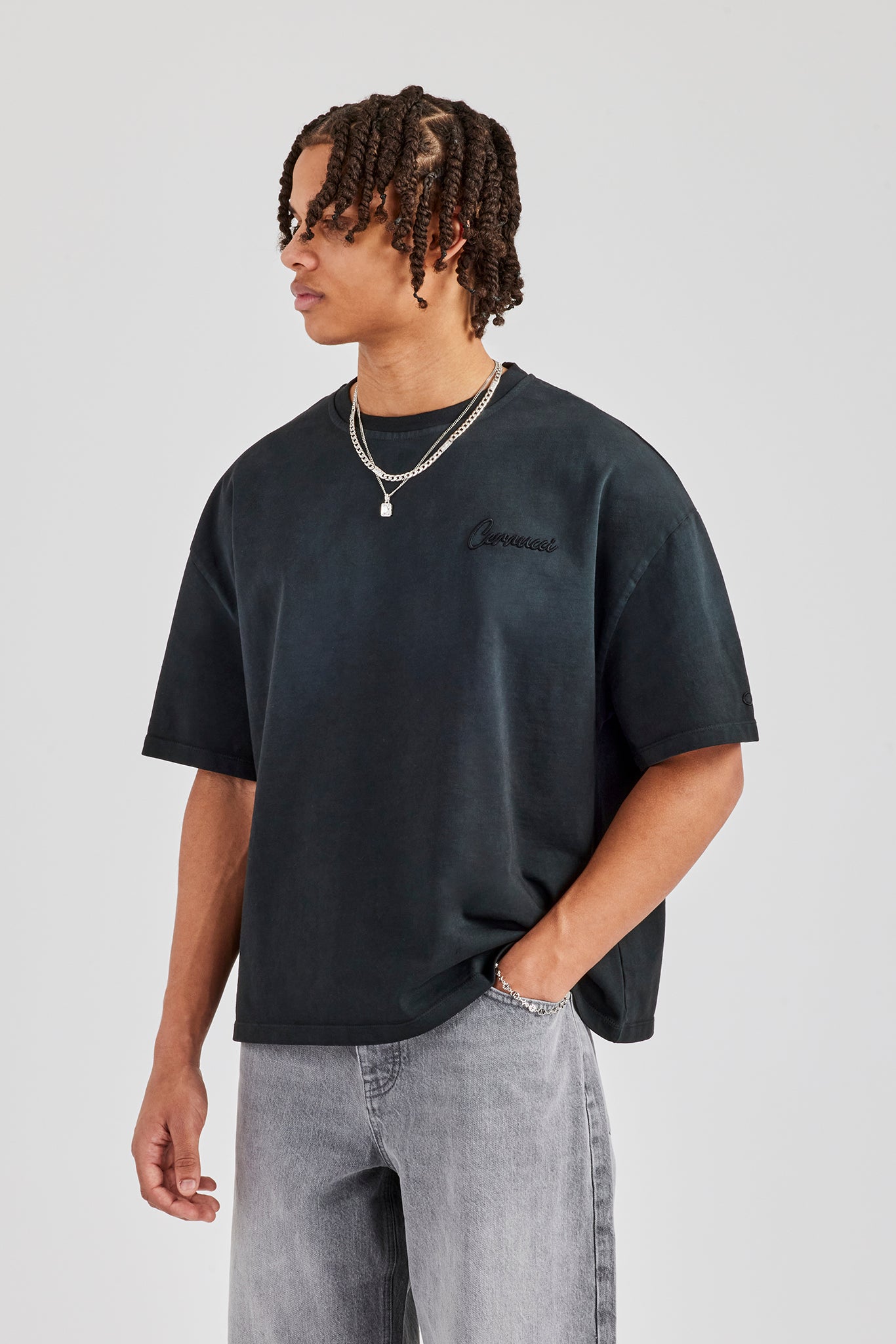 Washed Script Short Sleeve Boxy T-Shirt - Black | Mens Tees