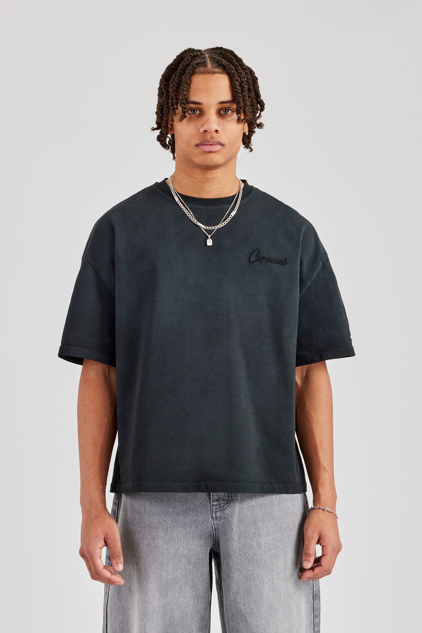 Washed Script Short Sleeve Boxy T-Shirt - Black | Mens Tees