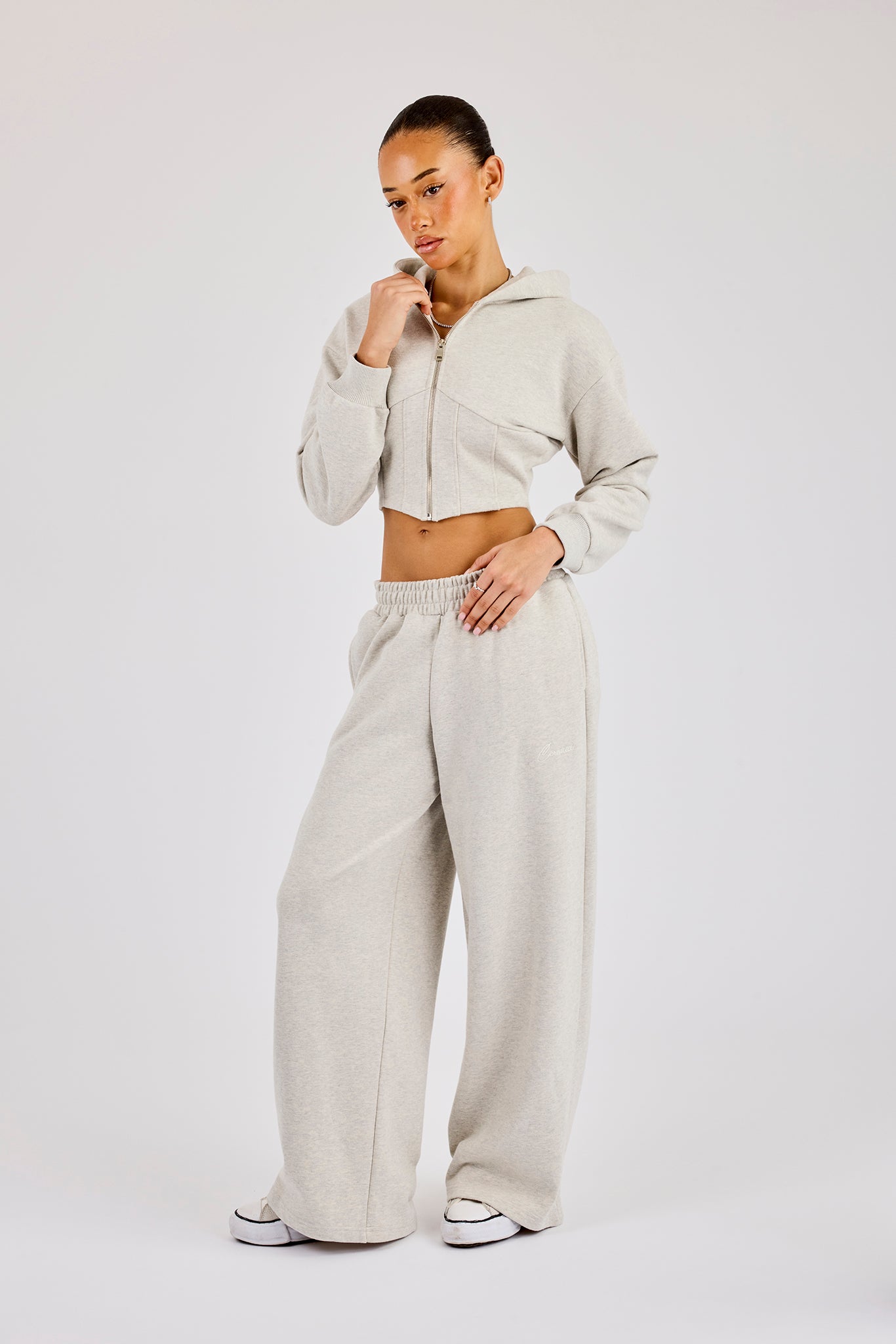 Kapuzenpullover mit Korsett-Zip-Durchzug und superweite Jogginghose mit weitem Bein – Grau meliert
