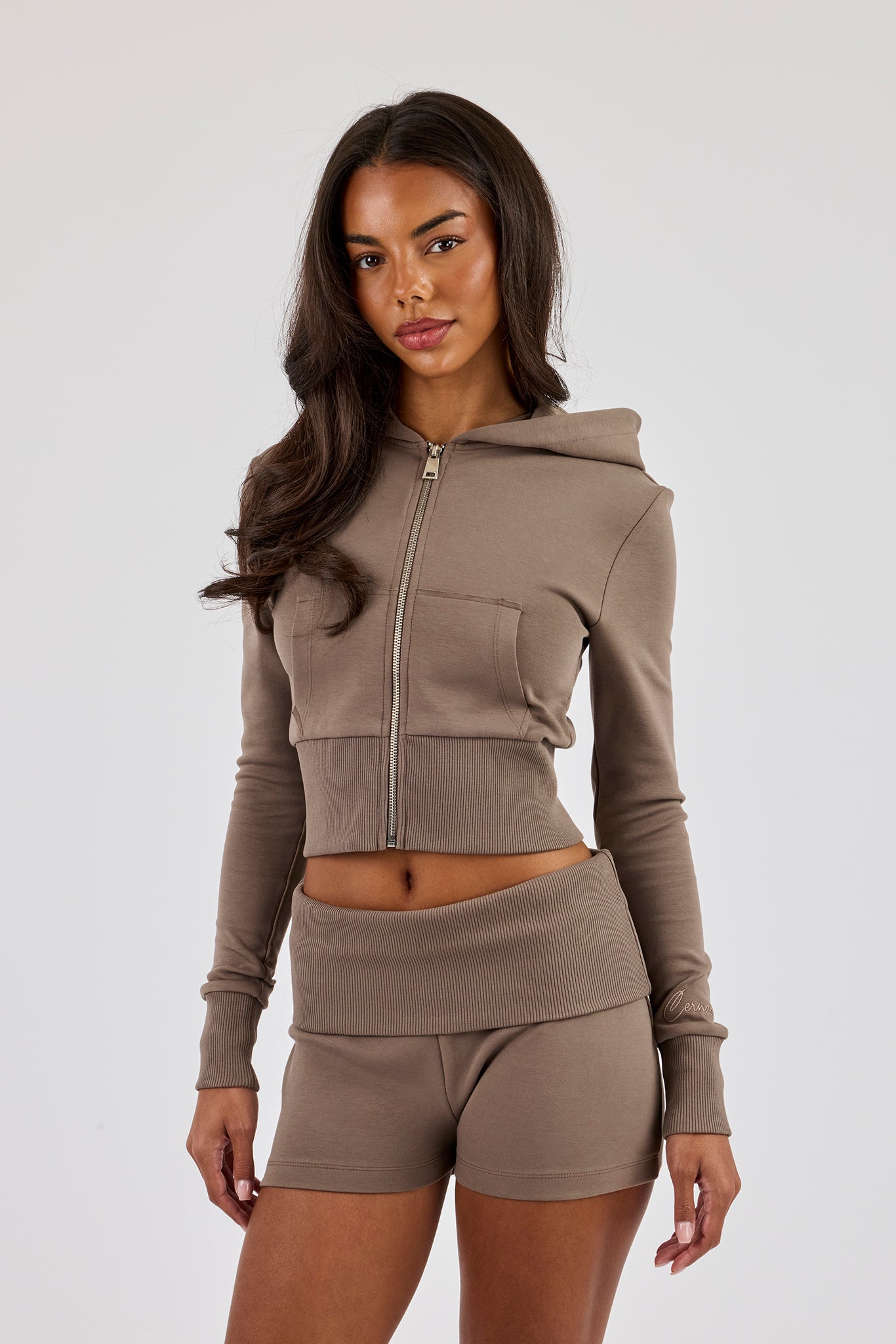 Soft Touch Rib Contrast Fitted Zip Through & Folder Over Waist Short  - Taupe