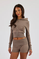 Soft Touch Rib Contrast Fitted Zip Through & Folder Over Waist Short  - Taupe