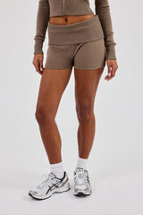 Soft Touch Rib Fold Over Waist Short - Taupe