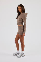 Soft Touch Rib Contrast Fitted Zip Through & Folder Over Waist Short  - Taupe
