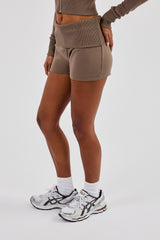 Soft Touch Rib Fold Over Waist Short - Taupe
