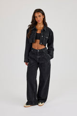 Super Cropped Denim Jacket & Pocket Detail Jean - Washed Black