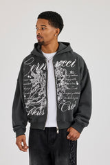 Cherub Text Printed Zip Through - Charcoal