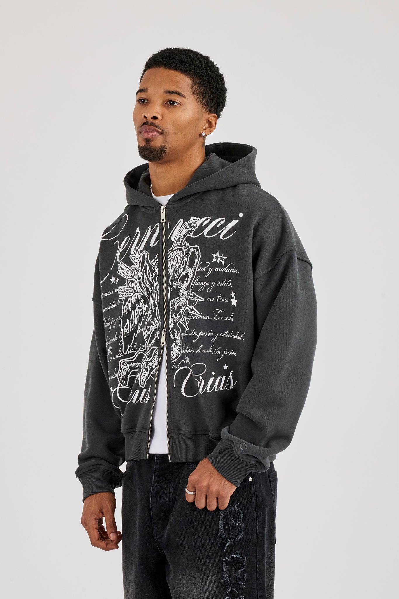 Cherub Text Printed Zip Through - Charcoal