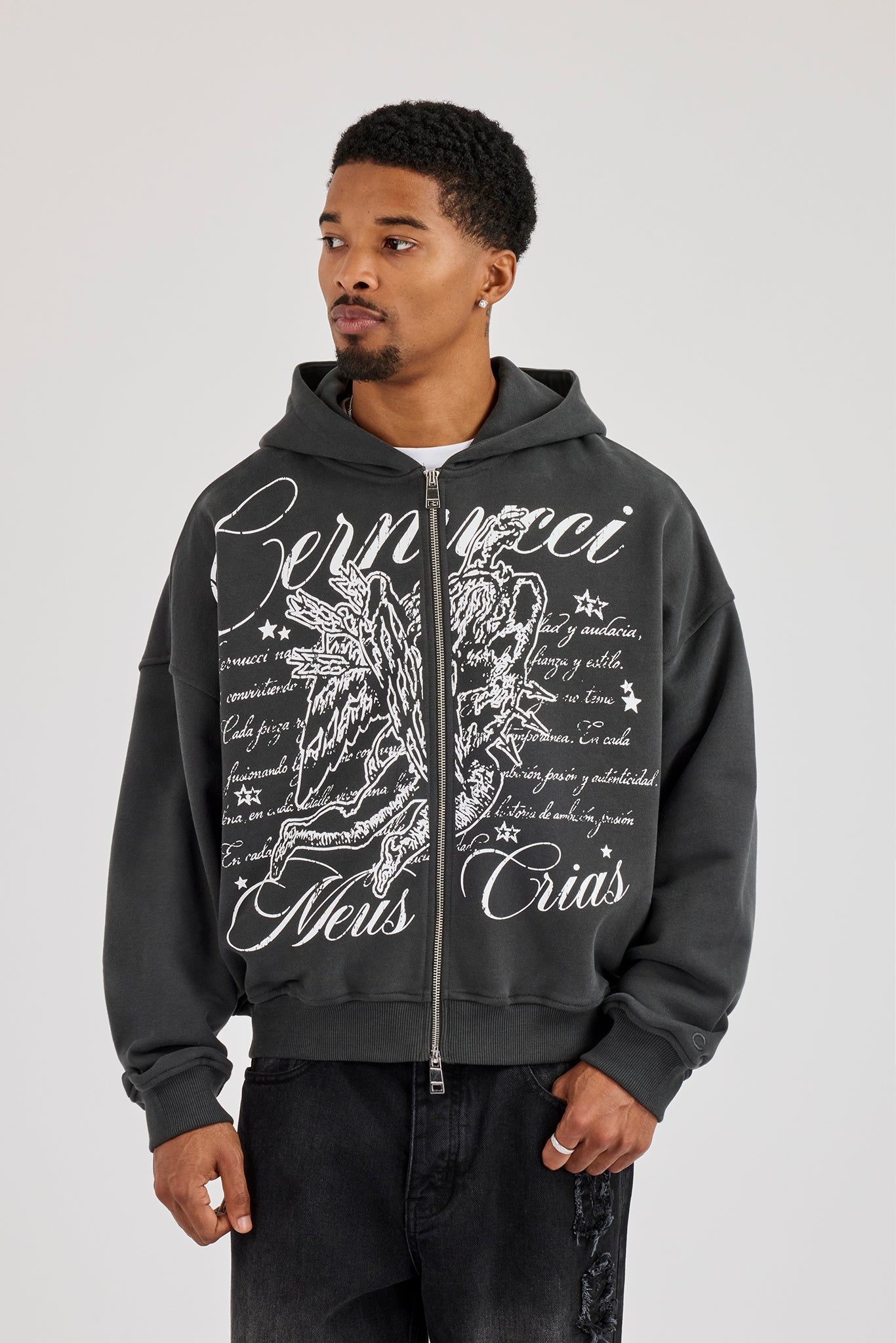 Cherub Text Printed Zip Through - Charcoal