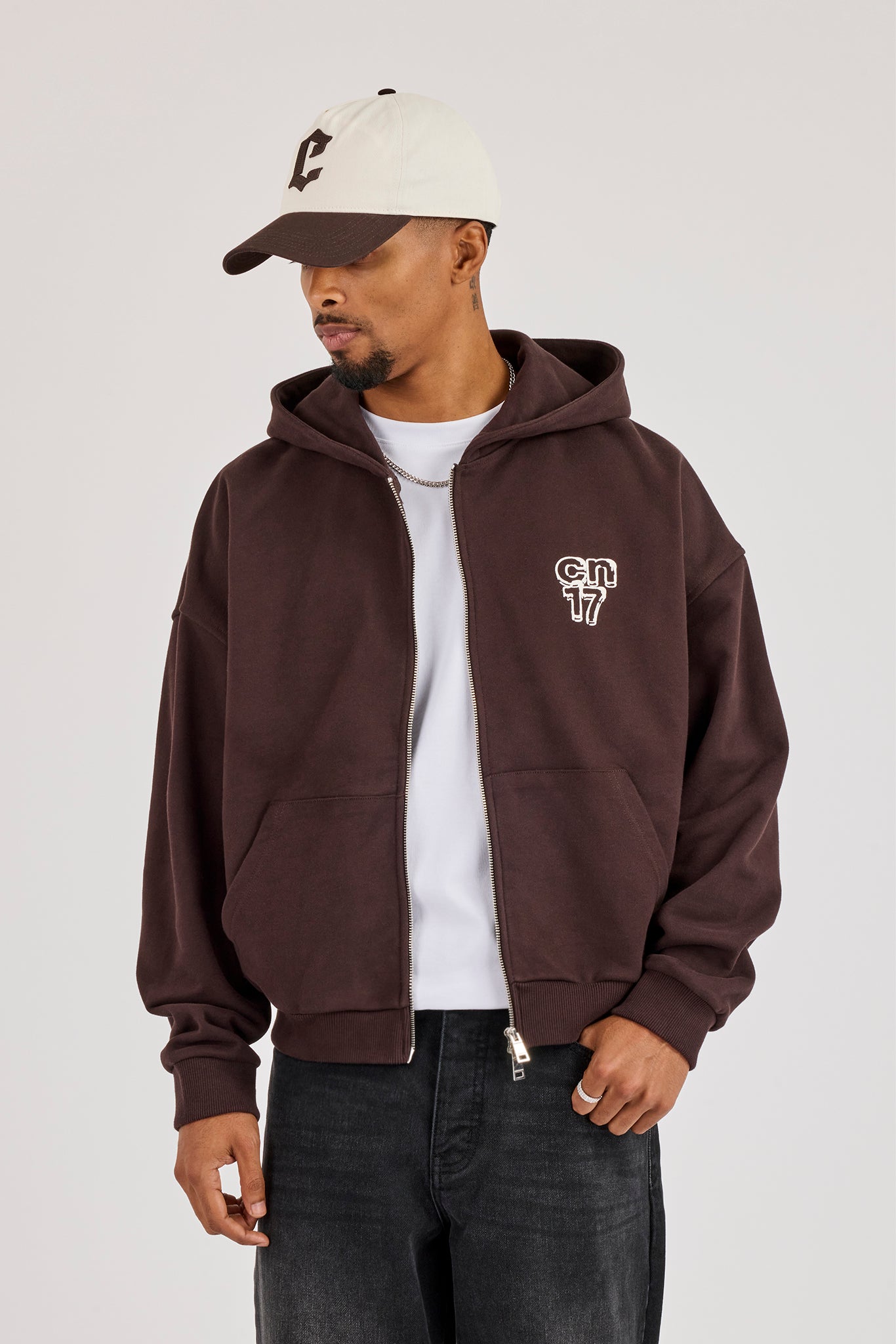CN17 Diamond Graphic Zip Hoodie - Dark Brown