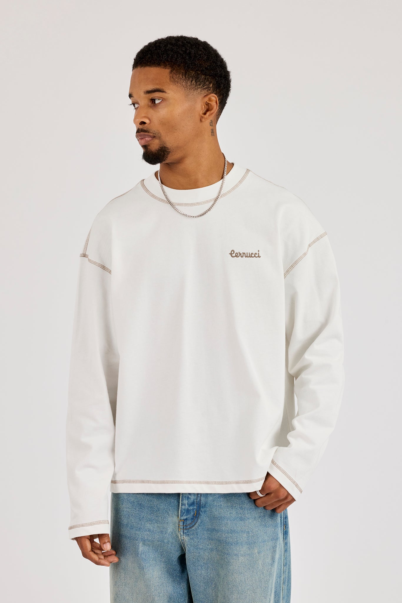 Long Sleeve Contrast Stitch Logo T-Shirt - Off White