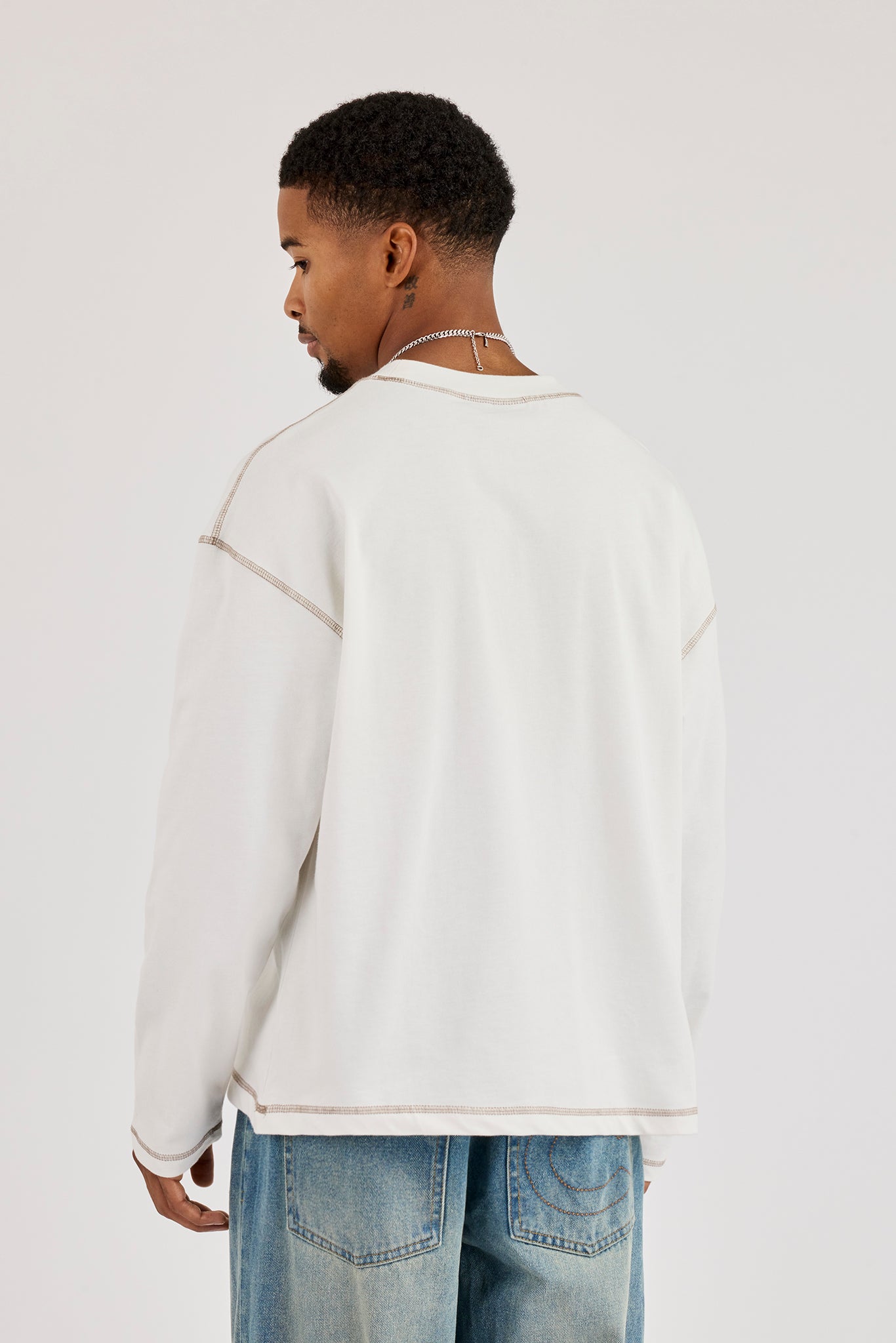 Long Sleeve Contrast Stitch Logo T-Shirt - Off White