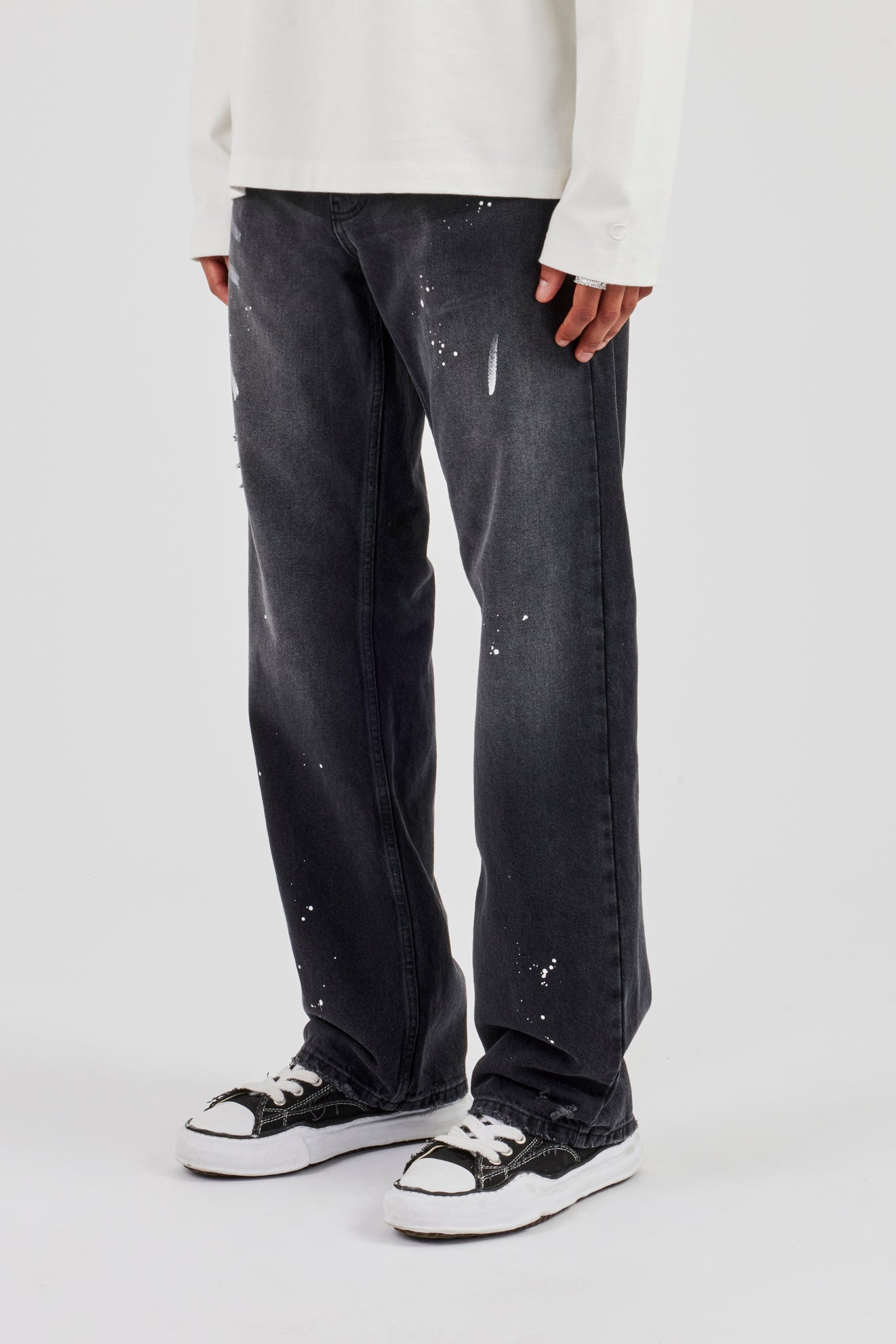 Distressed Paint Splatter Relaxed Jean - Washed Black