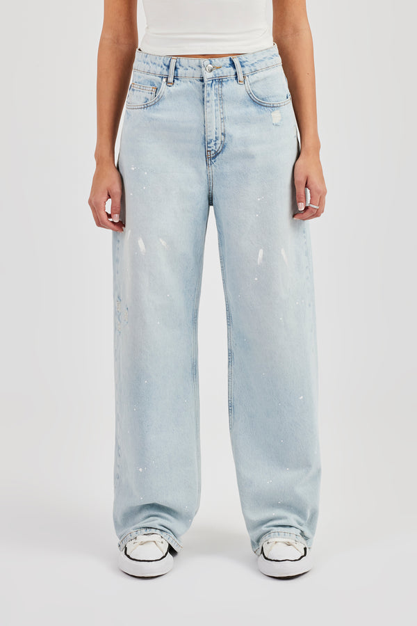 Distressed Paint Splatter Jean - Ice Blue