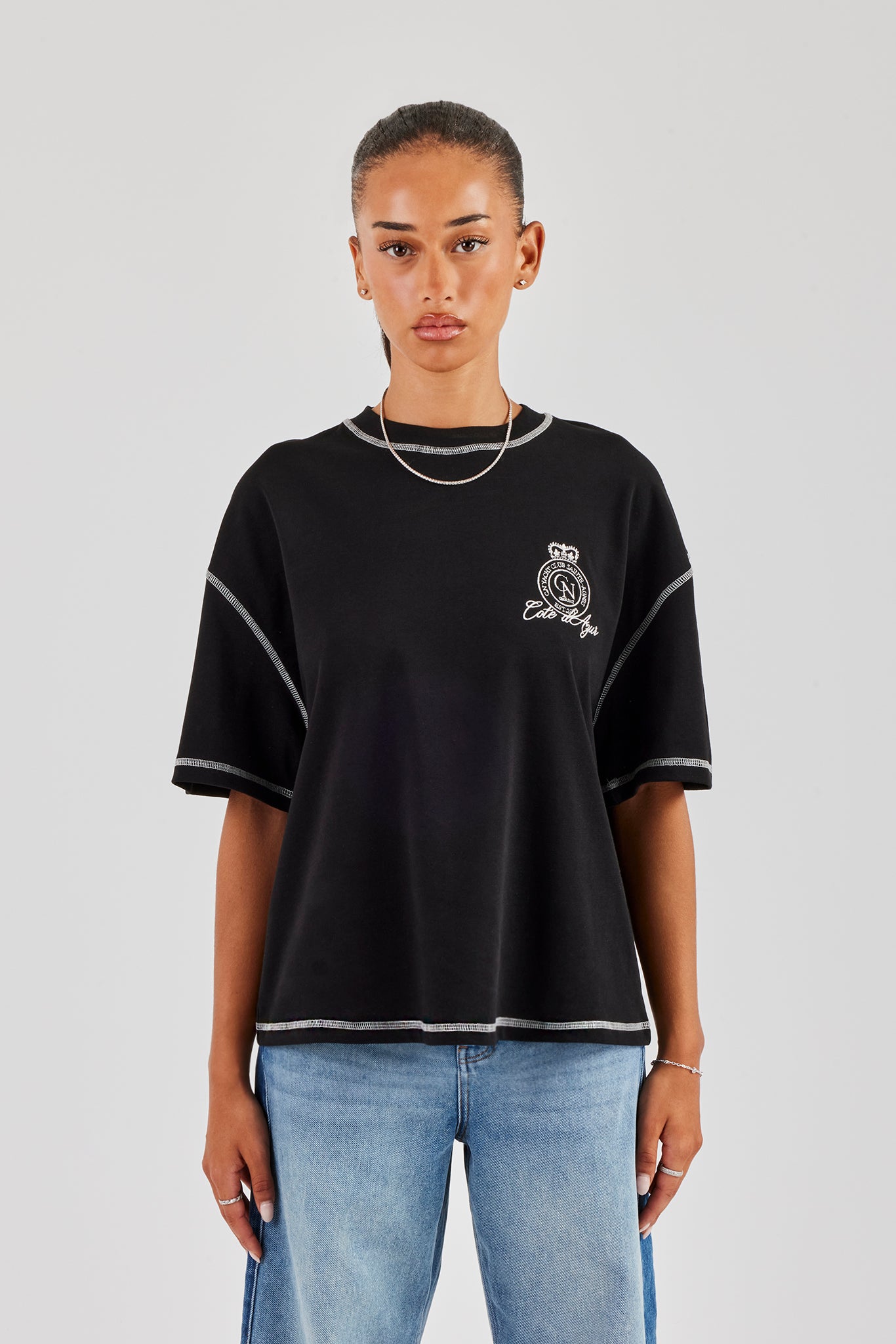 Yacht Club Contrast Stitch Oversized Embroidered T-Shirt - Black