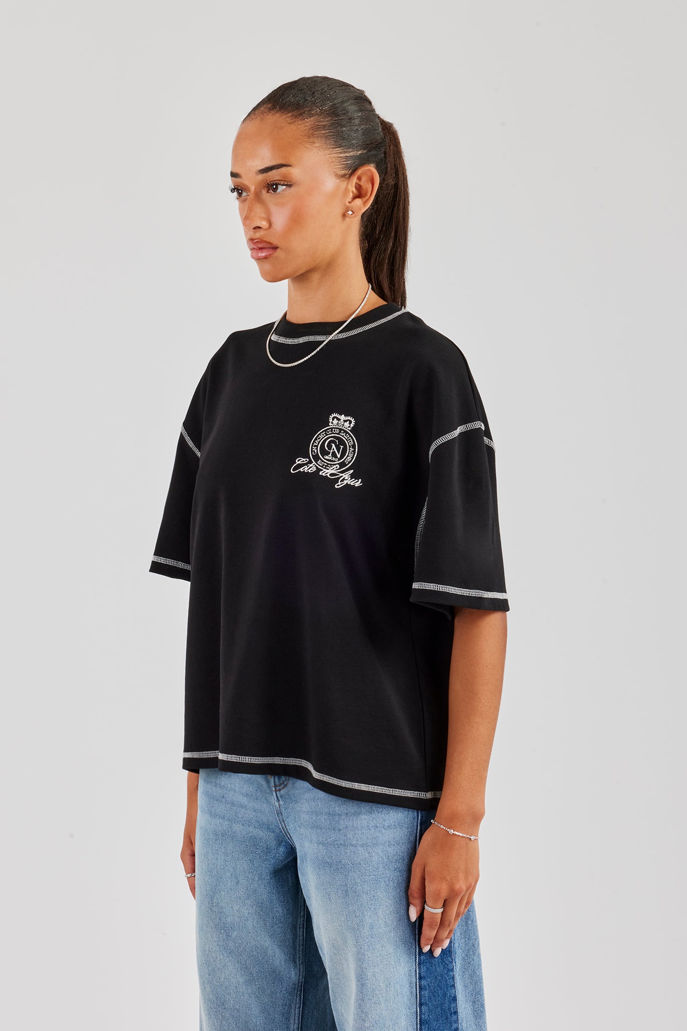 Yacht Club Contrast Stitch Oversized Embroidered T-Shirt - Black