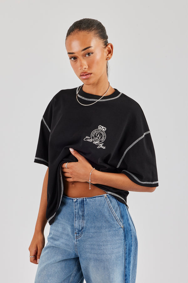 Yacht Club Contrast Stitch Oversized Embroidered T-Shirt - Black