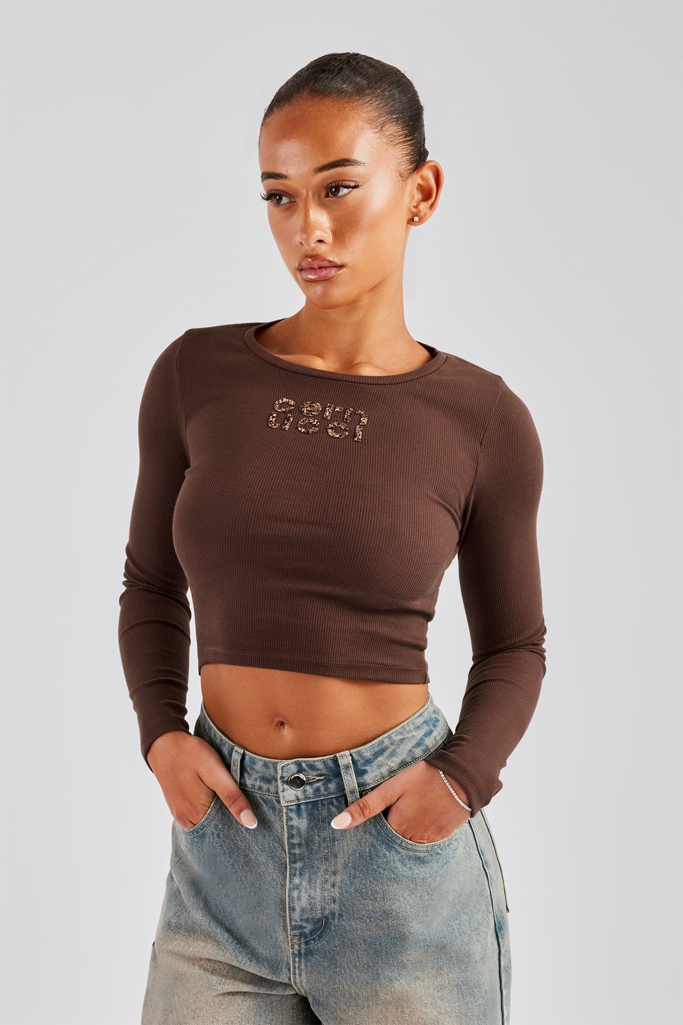 Glitter Applique Rib Long Sleeve Top - Chocolate | Womens Tees