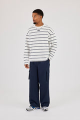 Long Sleeve Double Stripe Logo Embroidered T-Shirt - White