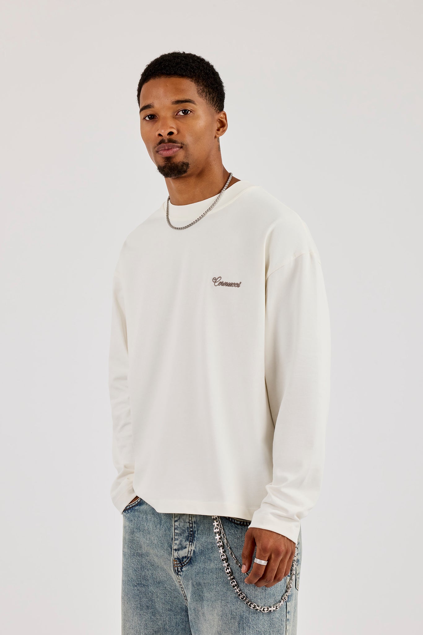 Long Sleeve Cernucci Diamonds Boxy T-Shirt - Off White