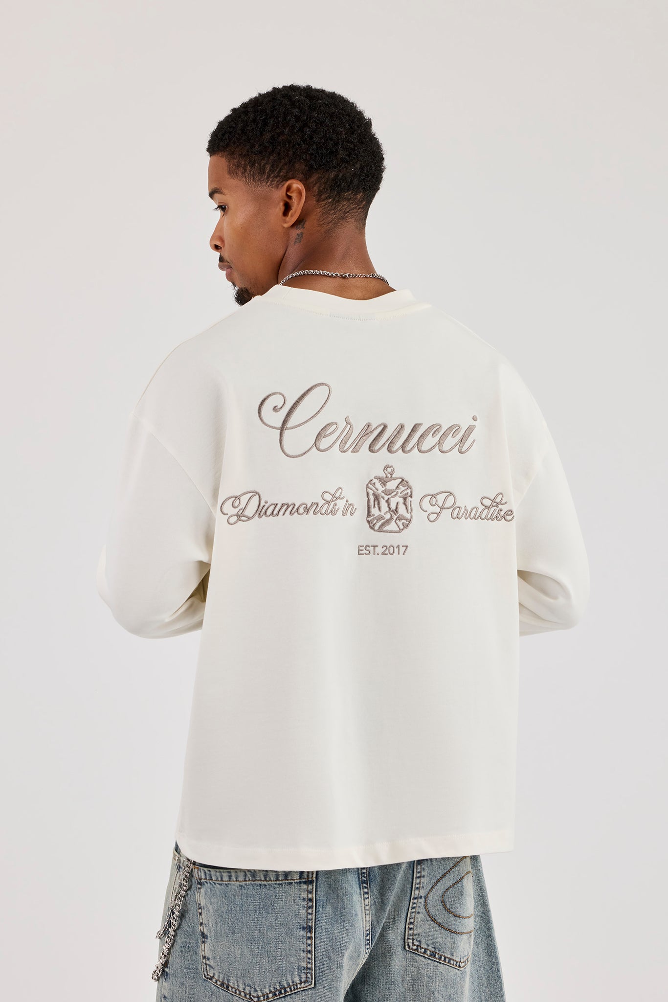 Long Sleeve Cernucci Diamonds Boxy T-Shirt - Off White