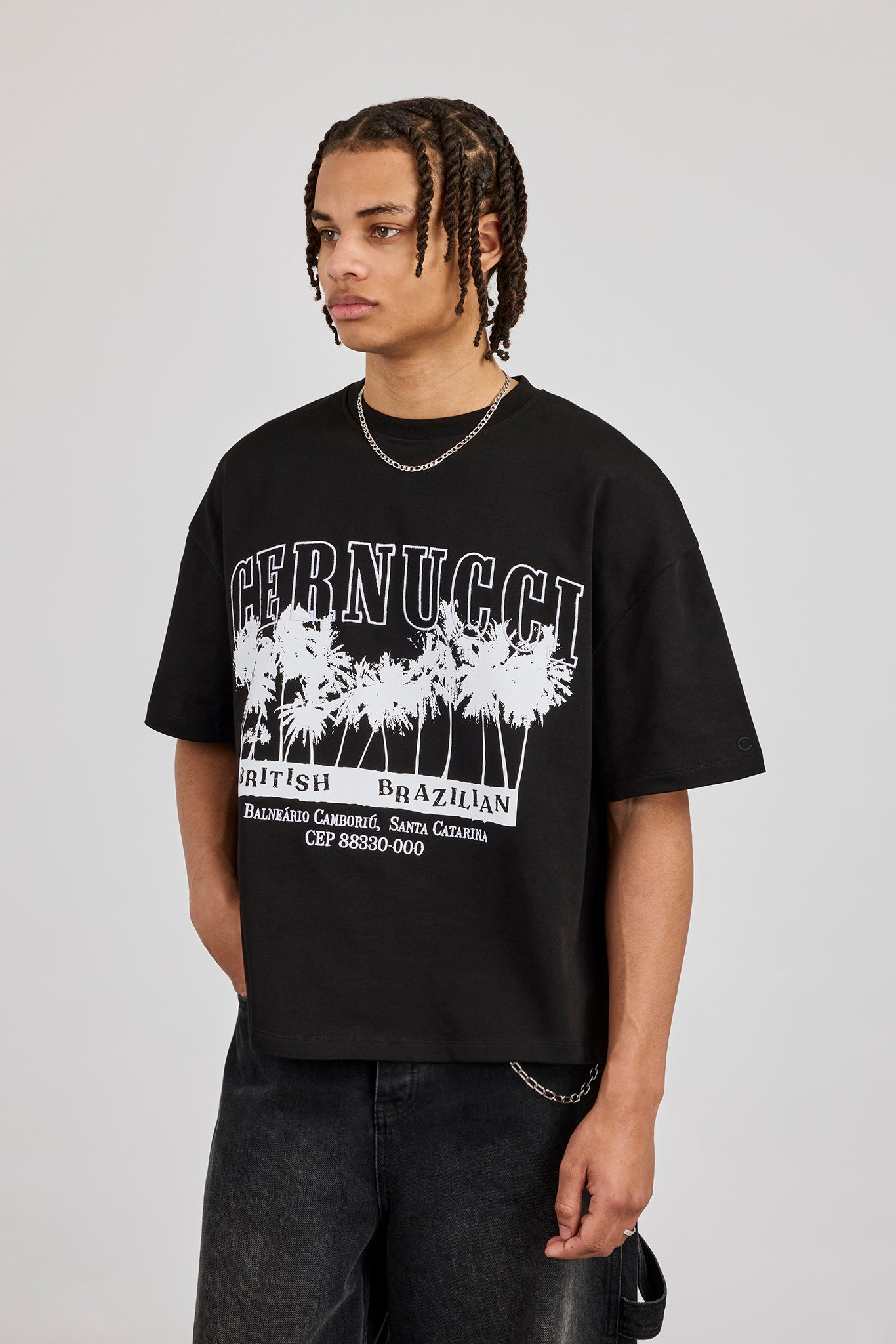 Boxy Palm Embroidered T-Shirt - Black