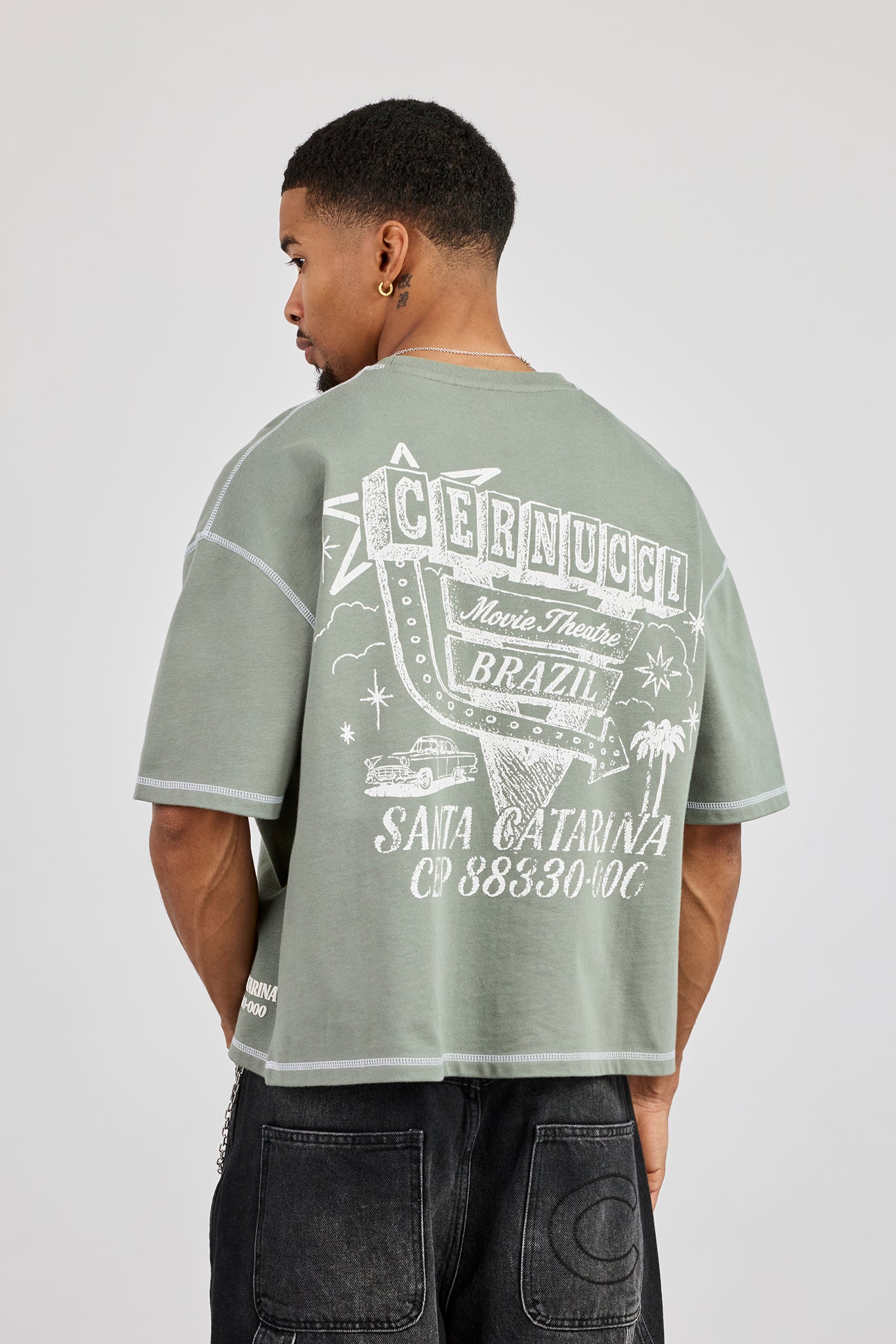 Boxy Movie Theatre Graphic T-Shirt - Dusty Green