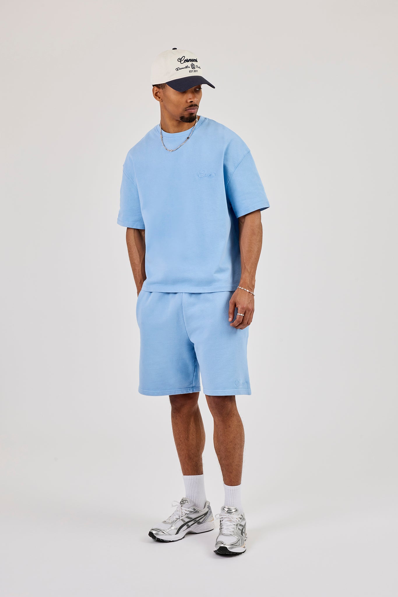 Washed Boxy Logo Rope Embroidered T-Shirt & Relaxed Jersey Short - Light Blue