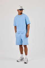 Washed Boxy Logo Rope Embroidered T-Shirt & Relaxed Jersey Short - Light Blue