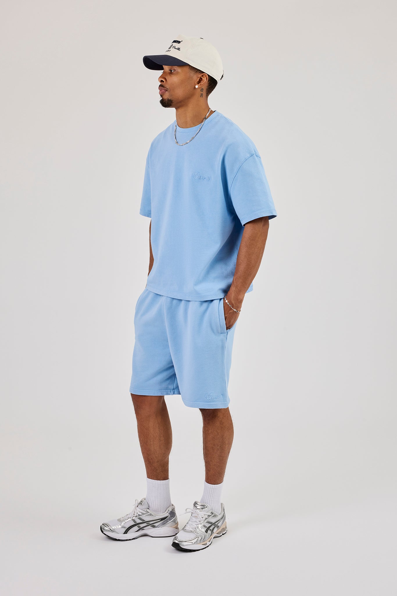 Washed Boxy Logo Rope Embroidered T-Shirt & Relaxed Jersey Short - Light Blue