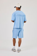 Washed Boxy Logo Rope Embroidered T-Shirt & Relaxed Jersey Short - Light Blue