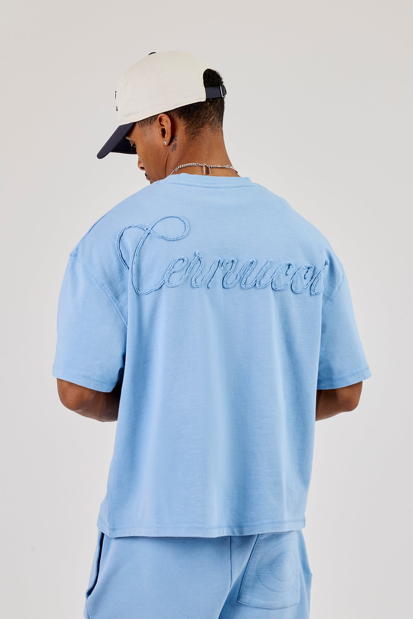 Washed Boxy Logo Rope Embroidered T-Shirt - Light Blue